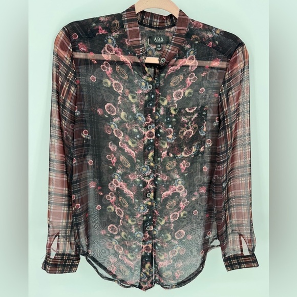 ABS Allen Schwartz Sheer Floral Long Sleeve Button Up Blouse - Picture 2 of 9